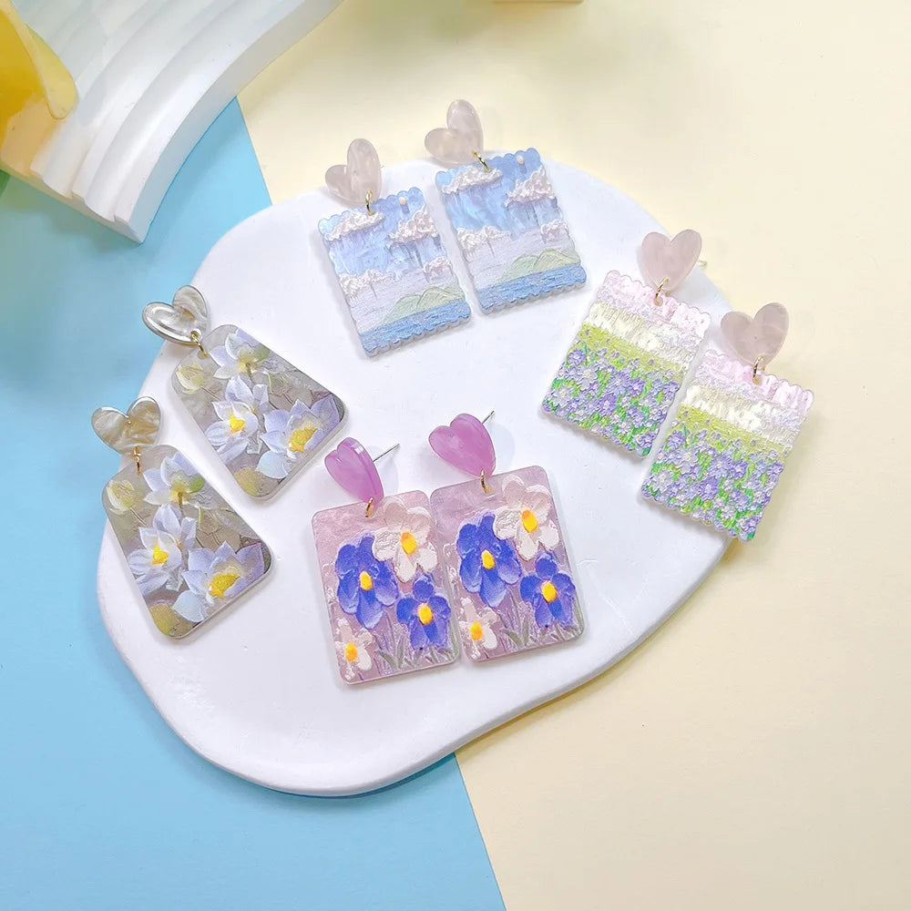 Hot Sale Summer Fashion Sweet Fresh Acrylic Geometric Love Flower Earrings S925 Silver Needle Earrings for Women