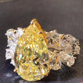 CAOSHI Copper Jewelry Crystal Clear Yellow Water Drop Gemstone Rings Flower Zirconia Women Girl Pear Cut Leaf Silver Color Rings