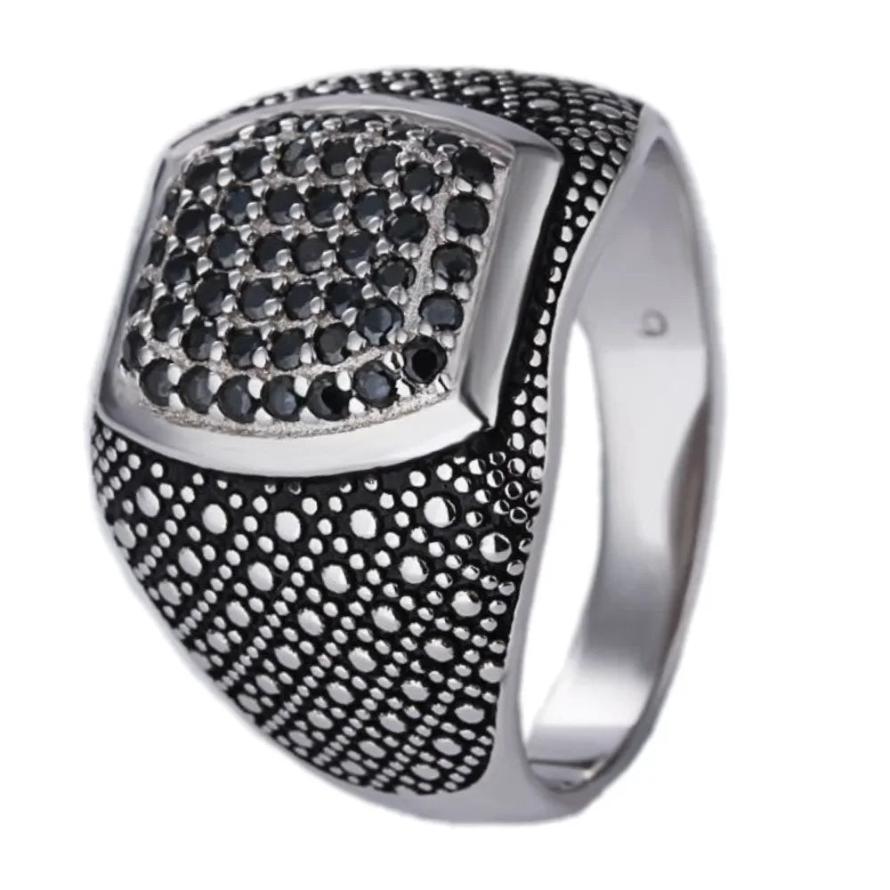 BOCAI New Fashion Micro Black Zircon & Diamond Cocktail Ring Punk Style Argentum with Middle Gemstone S925 Silver Ring for Men
