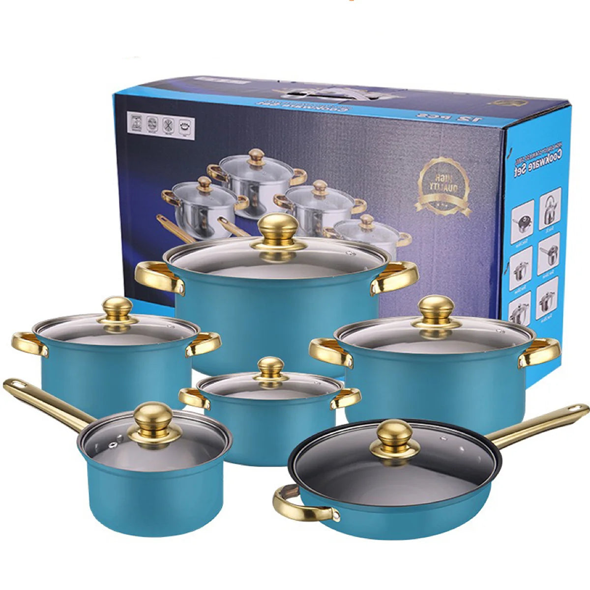 Blue 12 PCS Stainless Steel Multifunctional Cooking Pot Milk Pot Cookware Kitchenware Cookware Set