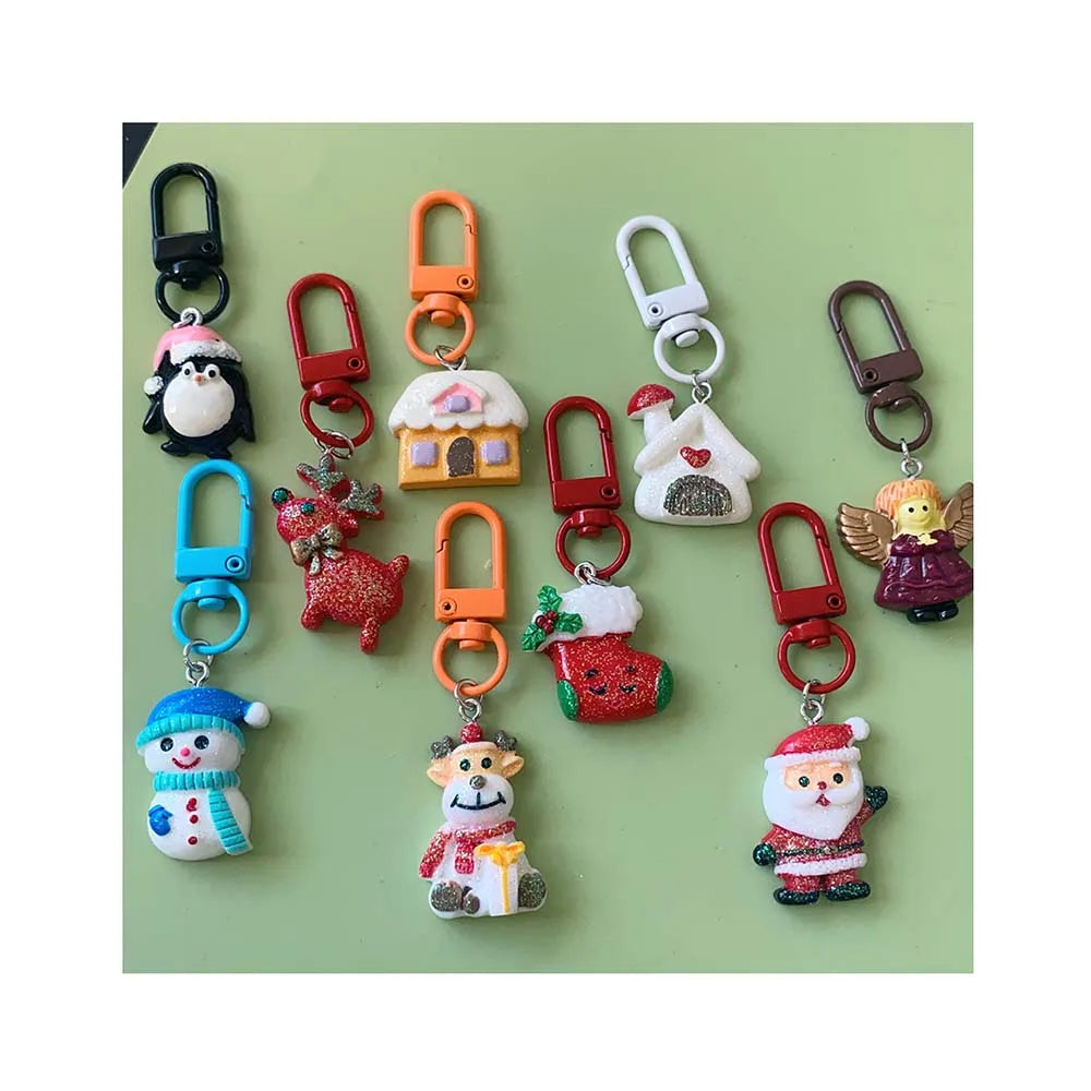 10pcs Christmas Style Series Keychain Cute Cartoon Key Chains Xmas Pendant Decoration Key Ring Holder