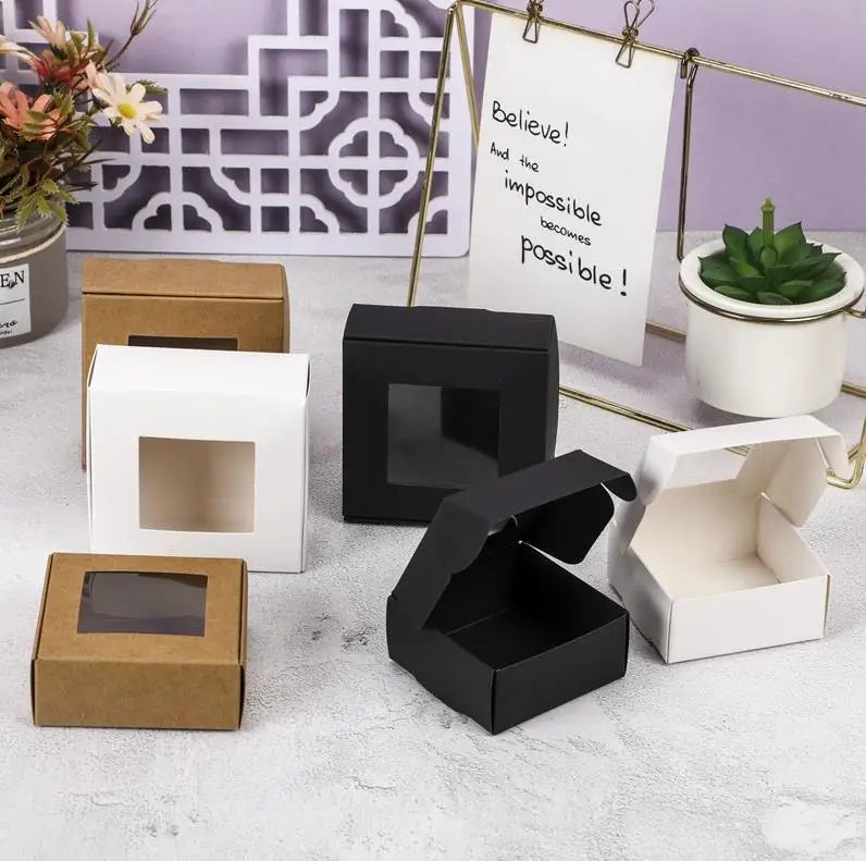 Custom Handmade Recycled Brown Black White Kraft Paper Handmade Small Empty Soap Gift Jewelry Box Packaging with PVC Window