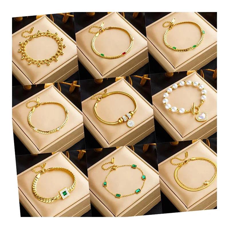 DAIHE Top Quality Adjustable 18k Gold Stainless Steel Heart Pearl Bracelet Women Fashion Zircon Chain Bracelet Jewelry for Gift