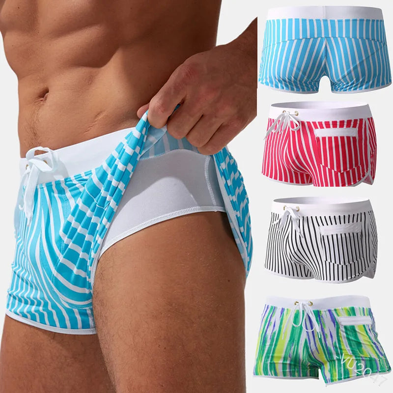 2025 New Men's Double Layer Beach Pants Vertical Stripe Quick Dried Swimsuit Stripe Swim Trunk