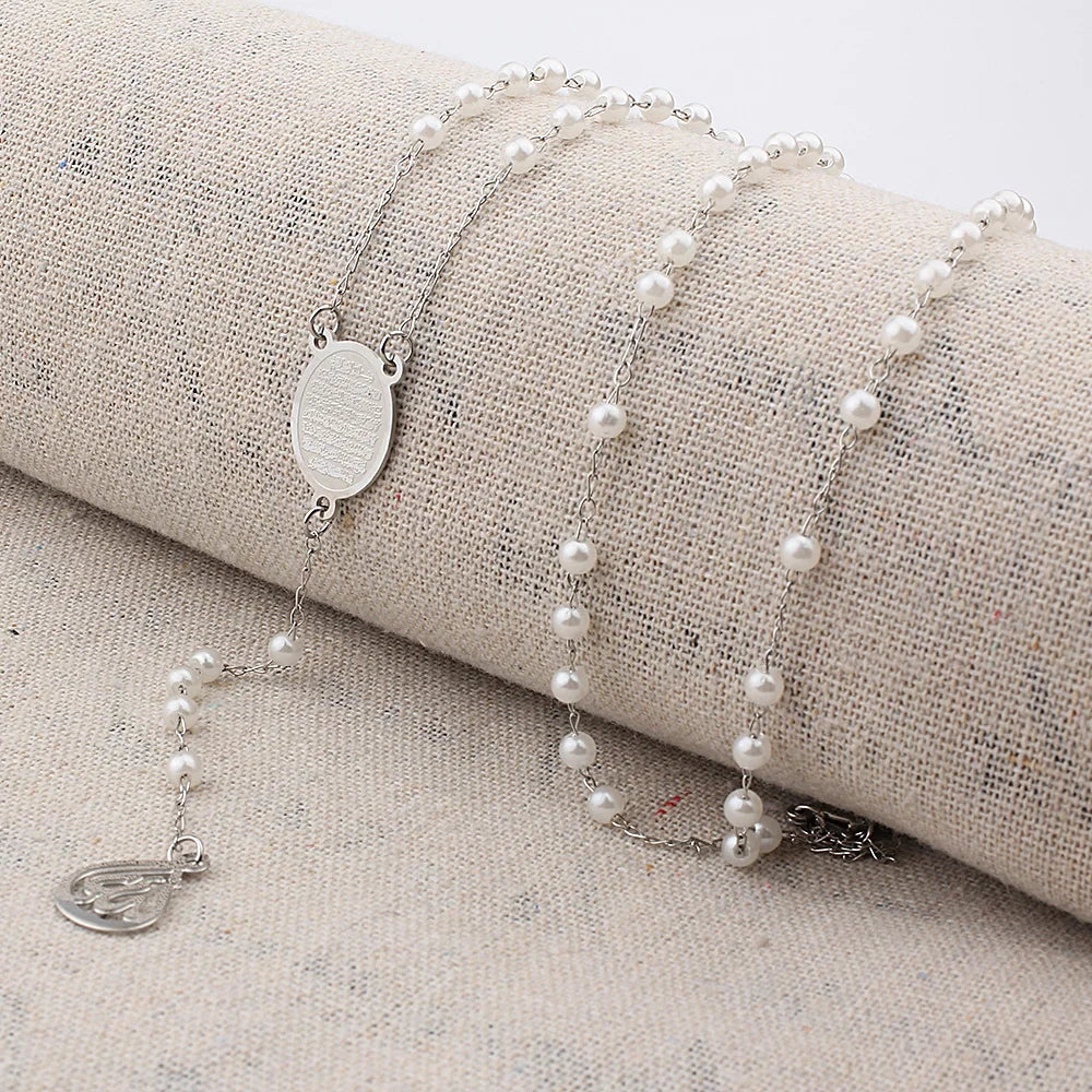 Pearl Beads Rosary Jewelry Muslim Arabic Printed Pendant Necklace Stainless Steel Long Chain Necklaces for Women