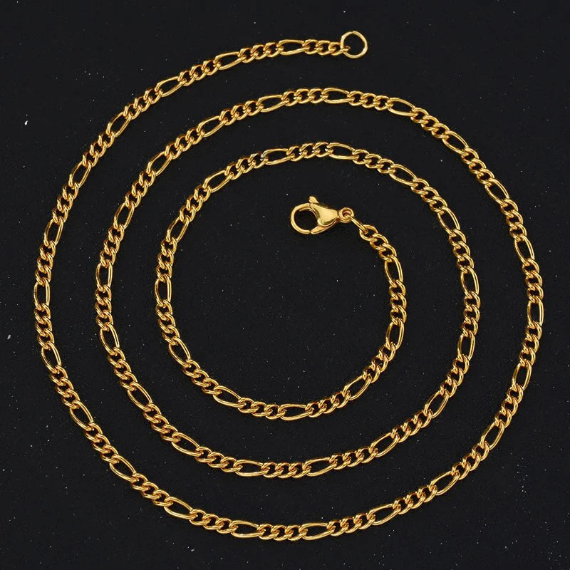 3mm Fashion 1:3 NK Chain Jewelry 18k Real Gold Plated Stainless Steel Figaro Link Chain Necklace for Men Women