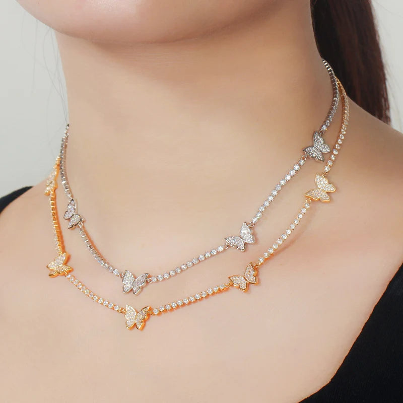 Trend Elegant Brass Tennis Chain Cubic Zircon Crystal Butterfly CZ Round Choker Necklace for Women Fashion Bohemian Jewelry