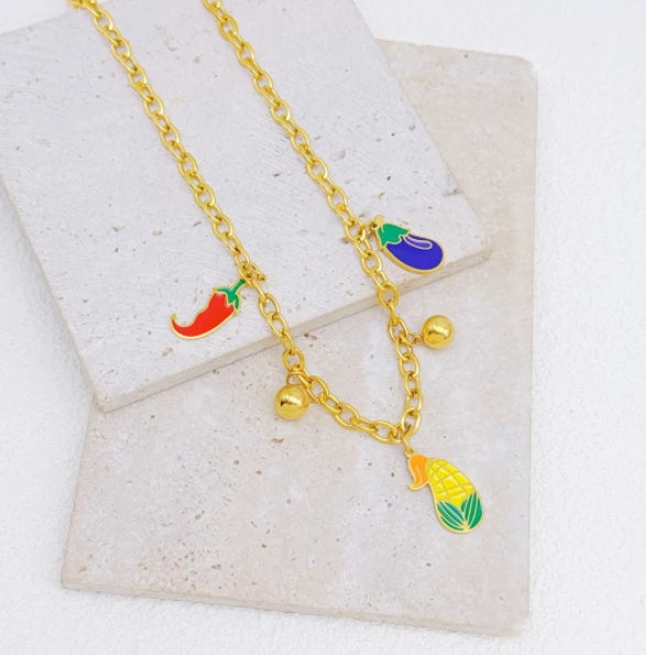 BOHEMIA Necklace Tarnish Free Fruit Charms Cherry Strawberry Corn Pendant Chain Necklace Stainless Steel 18K Gold Plated Jewelry