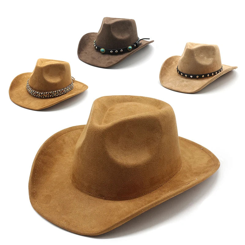 Western Cowboy Knight Metal Band Top Hat Cross-border Suede Autumn Winter Microsuede Woolen Jazz Hats Fedora Felt Hat