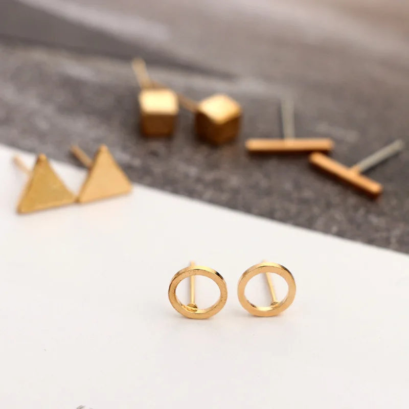 Custom Stainless Steel Geometric Figure Earrings Designs Round Circle Triangle Cube Cylinder Stud Earrings With Chain