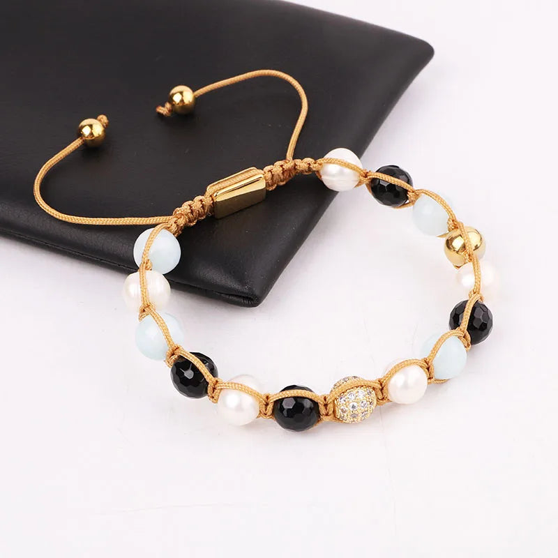 New Fashion 8mm Natural Stone Jewelry Jade Onyx Freshwater Pearl Custom Logo Macrame Braided Women Friendship Bracelet
