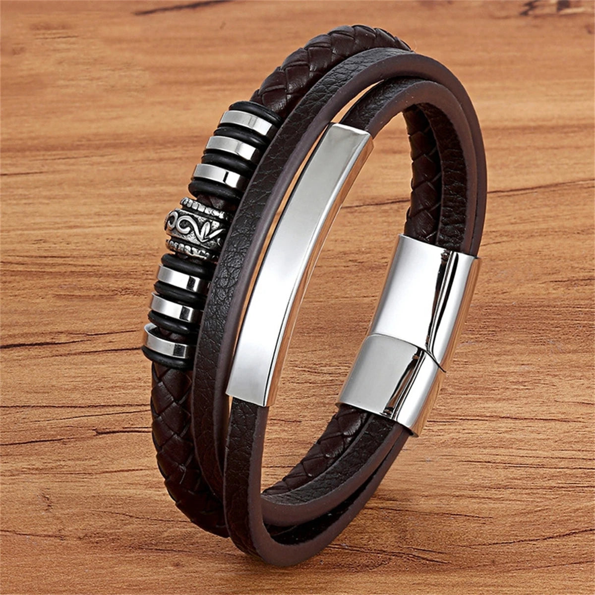 Men Women Magnetic Leather Braided Bracelet Wristband Titanium Steel Clasp Jewellery Gift