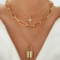 3pcs 18K Gold Plated  Layered Necklace for Women Alloy Cheap Dainty Diamond Choker Necklace Pendant Lock Necklace