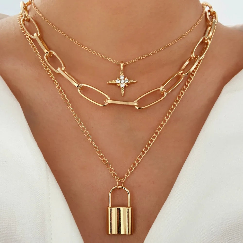3pcs 18K Gold Plated  Layered Necklace for Women Alloy Cheap Dainty Diamond Choker Necklace Pendant Lock Necklace