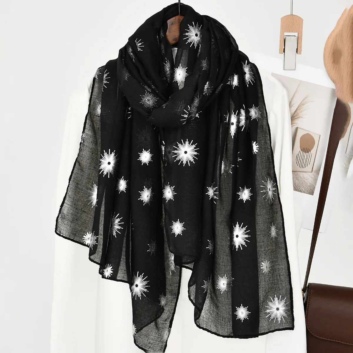 Fashion Ethnic Scarf for Muslim Women Soft Polyester with Plain Flower Pattern Print