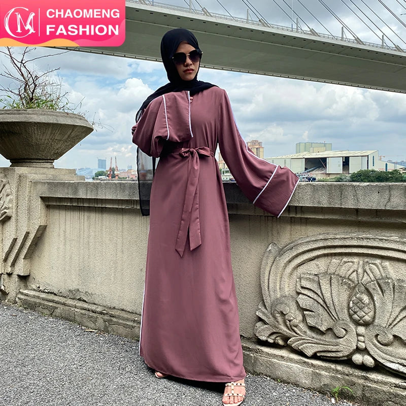 6472#  Nida Material Simplicity Solid Color With White Line Fashion Dress Ladies Muslim Abaya Dress