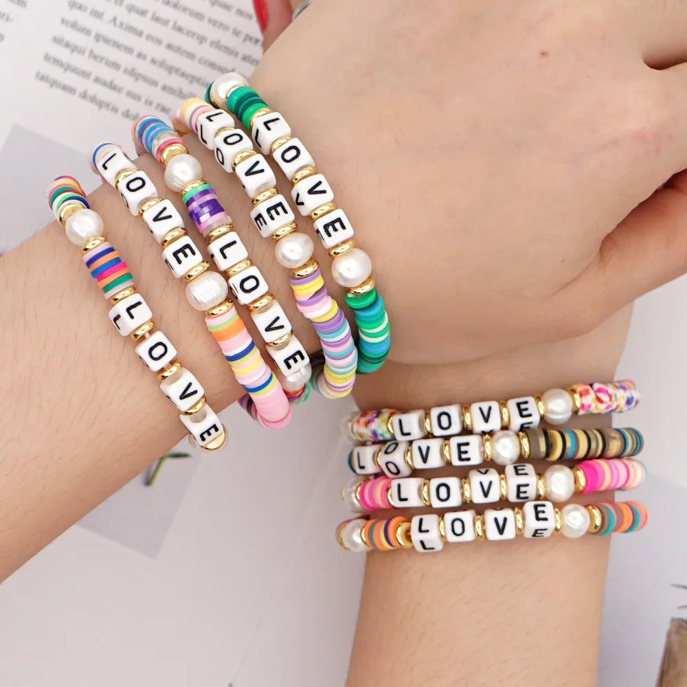 Hot Selling Holiday Beach Summer Jewelry Custom Fashion Boho Colorful Initial Letter Polymer Clay Beading Stretch Bracelets
