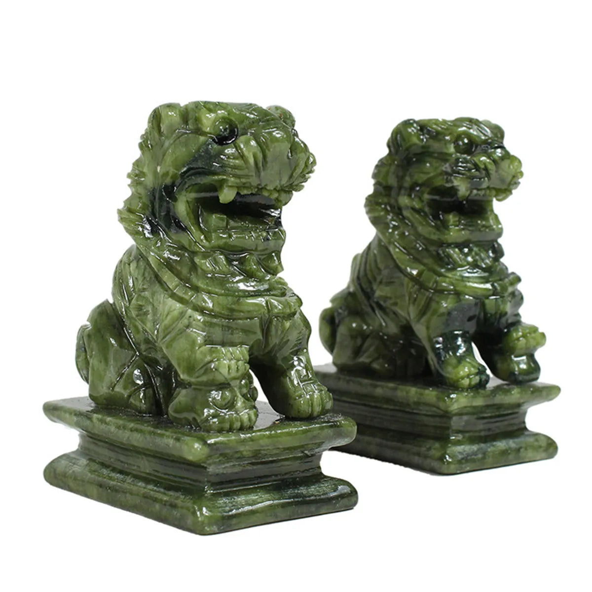 1 Pair China Green Jade Carved Fengshui Foo Fu Dog Guard Door Stone Lion Office Decor Ornaments Gift