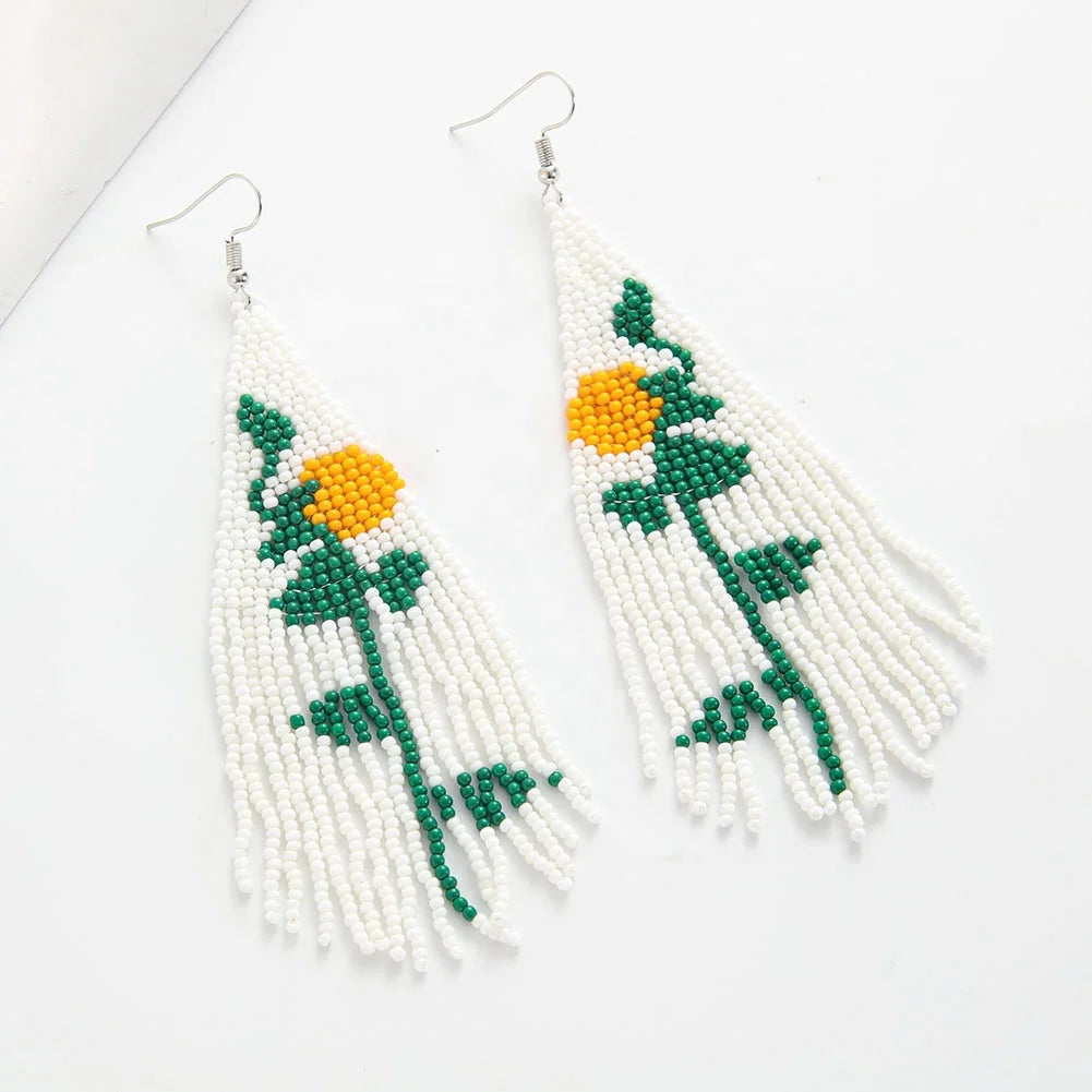 Trendy Women's Hand-Woven Acrylic Beads Flower Huggie Earrings Glass Beads Fashion Drop Jewelry