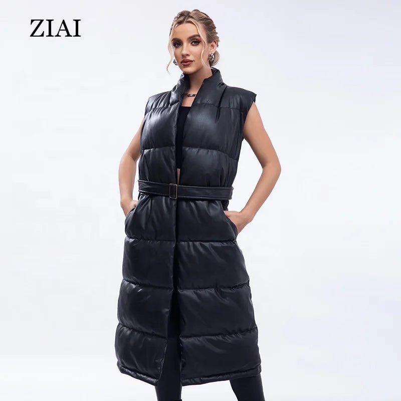 Women's Long Puffer Vest Zip up Stand Collar Outerwear