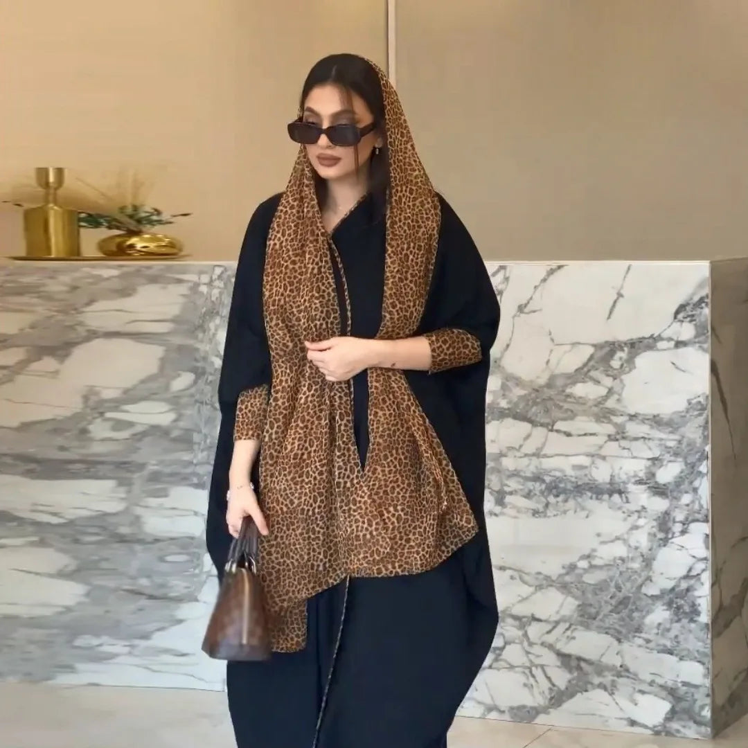 Turkey Modest Dubai Abaya Black Abaya With Leopard Print Hijab V Neck Abaya Women Muslim Dress Long Robe