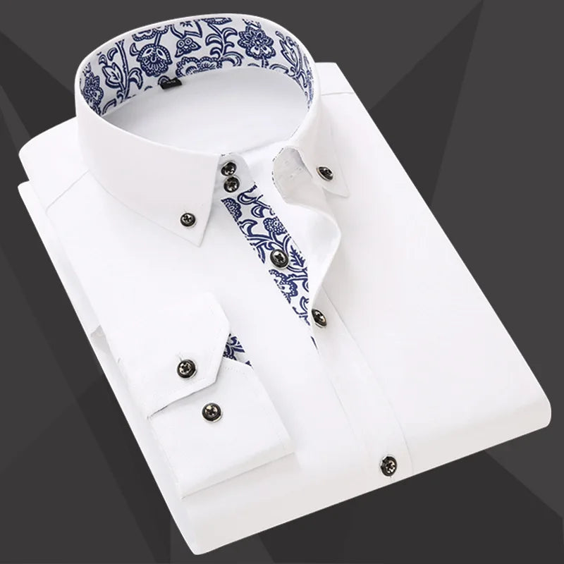 RNSHANGER Fashion Blue and White Porcelain Collar Men's Shirts Slim Fit Long Sleeve Business Formal Leisure Shirts for Men