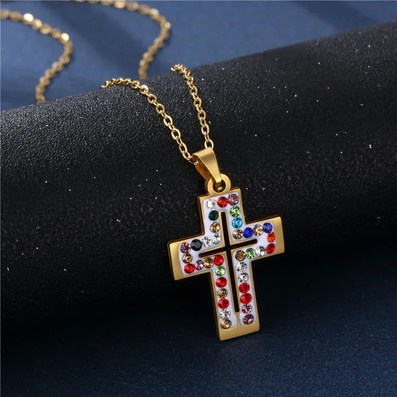 Vibrant Stainless Steel Cross Pendant Necklace with Zircon for Hop Fashion Parties