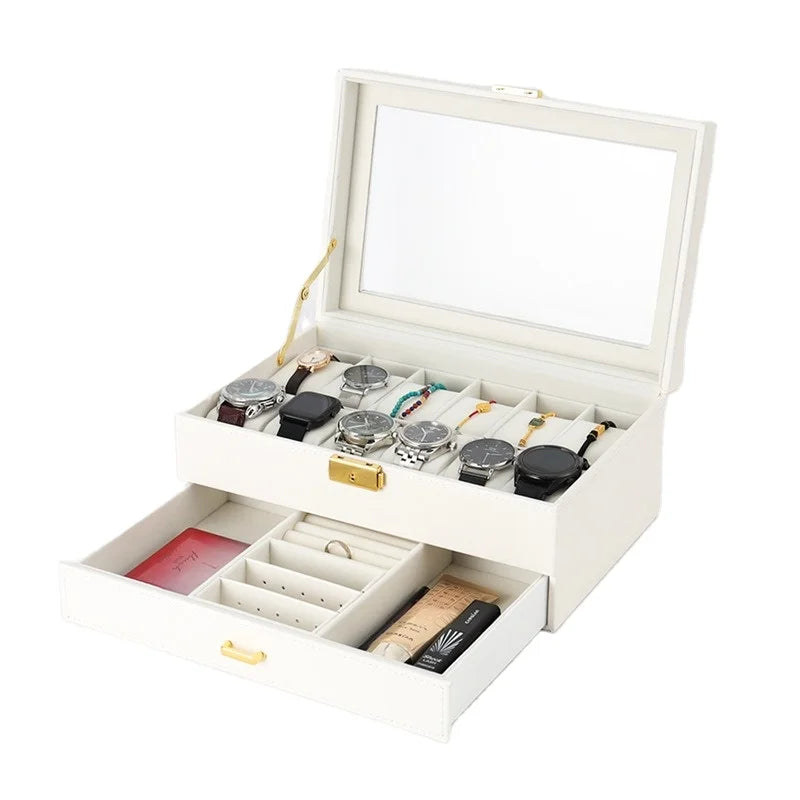 White Brown Black PU Leather Watch Jewelry Rings Glasses Set Storage Display Box With Drawer