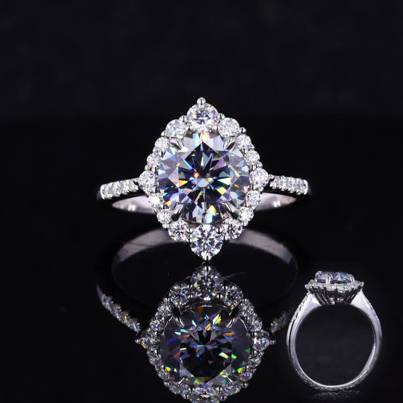 14k White Solid Gold Grey Moissanite Stone Ring with Lab Grown Diamond Jewelry Ring