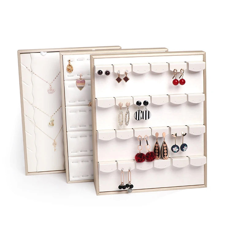 High End Leather Jewelry Display Vertical Type Ring Necklace Showing Shelf Luxury Wood Earrings Stand Storage for Jewelry Store