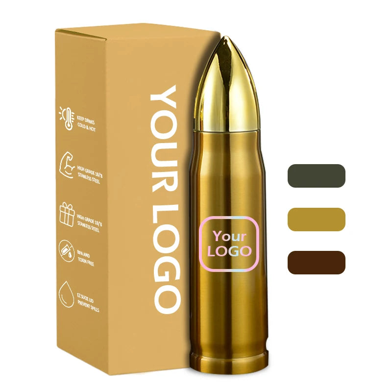 Custom Logo 500ml Stainless Steel Travel Mug Double Wall Vacuum Insulated Copper Polish Shot Gun Shell Bullet Shape Tumbler