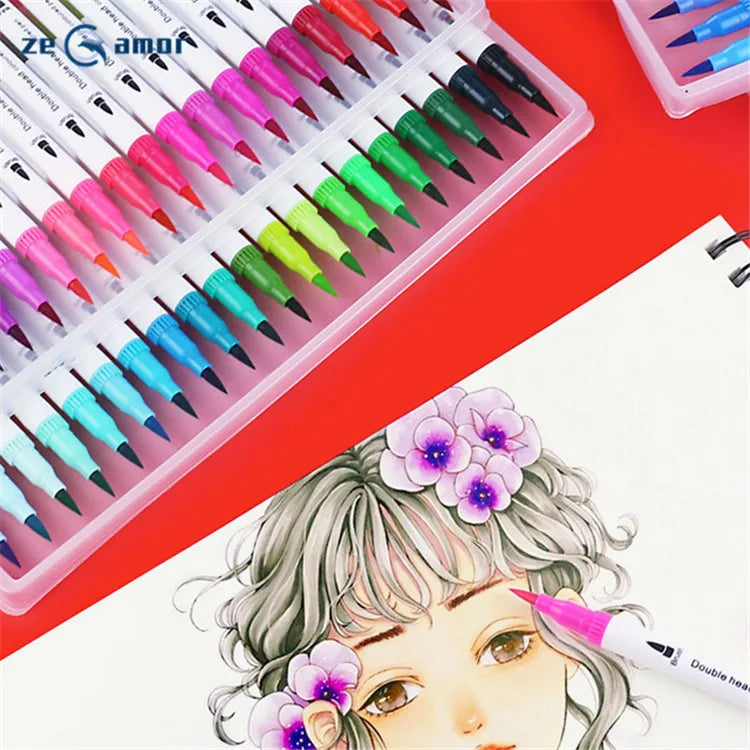 Zeamor Factory Supply Art Students White Barrel Neutral 12 24 36 48 100 Colors Set Fine Dual Tip Brush Pen