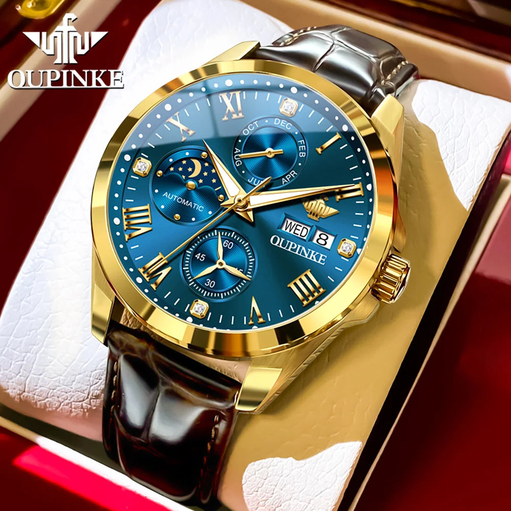 OUPINKE 3300 OEM Waterproof Luxury Classic  Multifunctional Moon Phase Odm Luminous Custom Automatic Mechanical Watch for Man