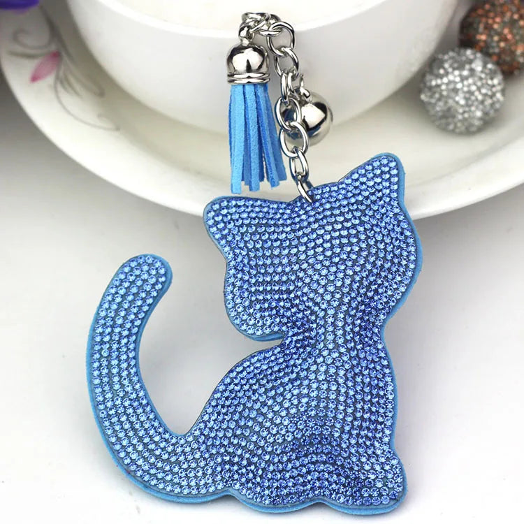 Wholesale Promotional Advertising Gift Korean Velvet Rhinestone Cute Cat Tassel Rhinestone Bling Keychain