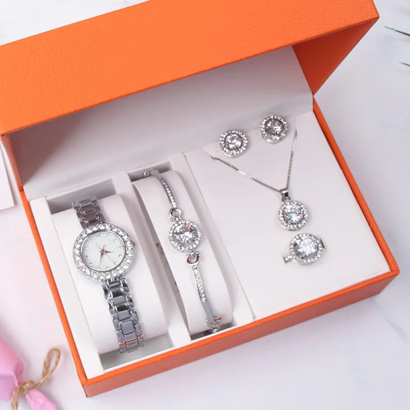 Fine Jewelry Set Crystal Diamond Round Watchband Earrings Necklace Women Gift Gold Plated Band Quartz Watch 5 Pcs Set