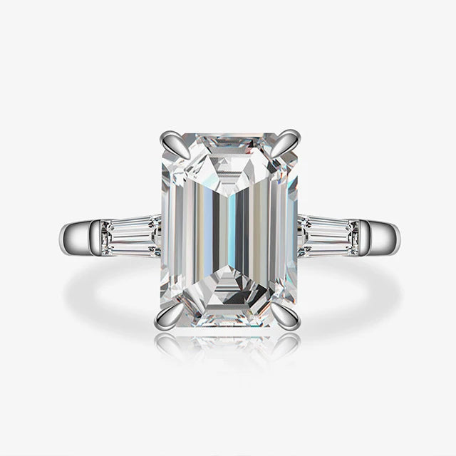 925 Sterling Silver Emerald Cut With Baguette Side Stones CZ Statement Engagement Ring for Women