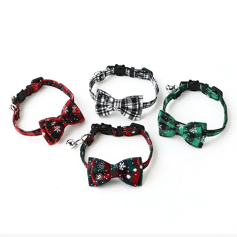 Christmas Series Pet Collars Cute Bowtie Kitty Cat and Snowflake Bow Dog Collar with Plaid Bells