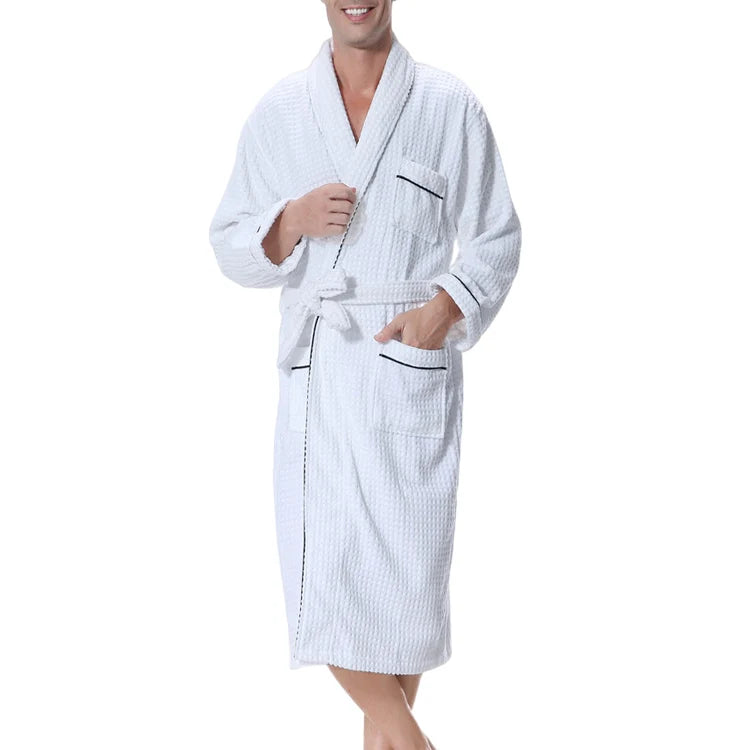 Cotton Jacquard Velour Bathrobe Custom Unisex Knee Length Hotel Spa Bath Robe with Piping Trim Luxury Bathrobe for Men Women