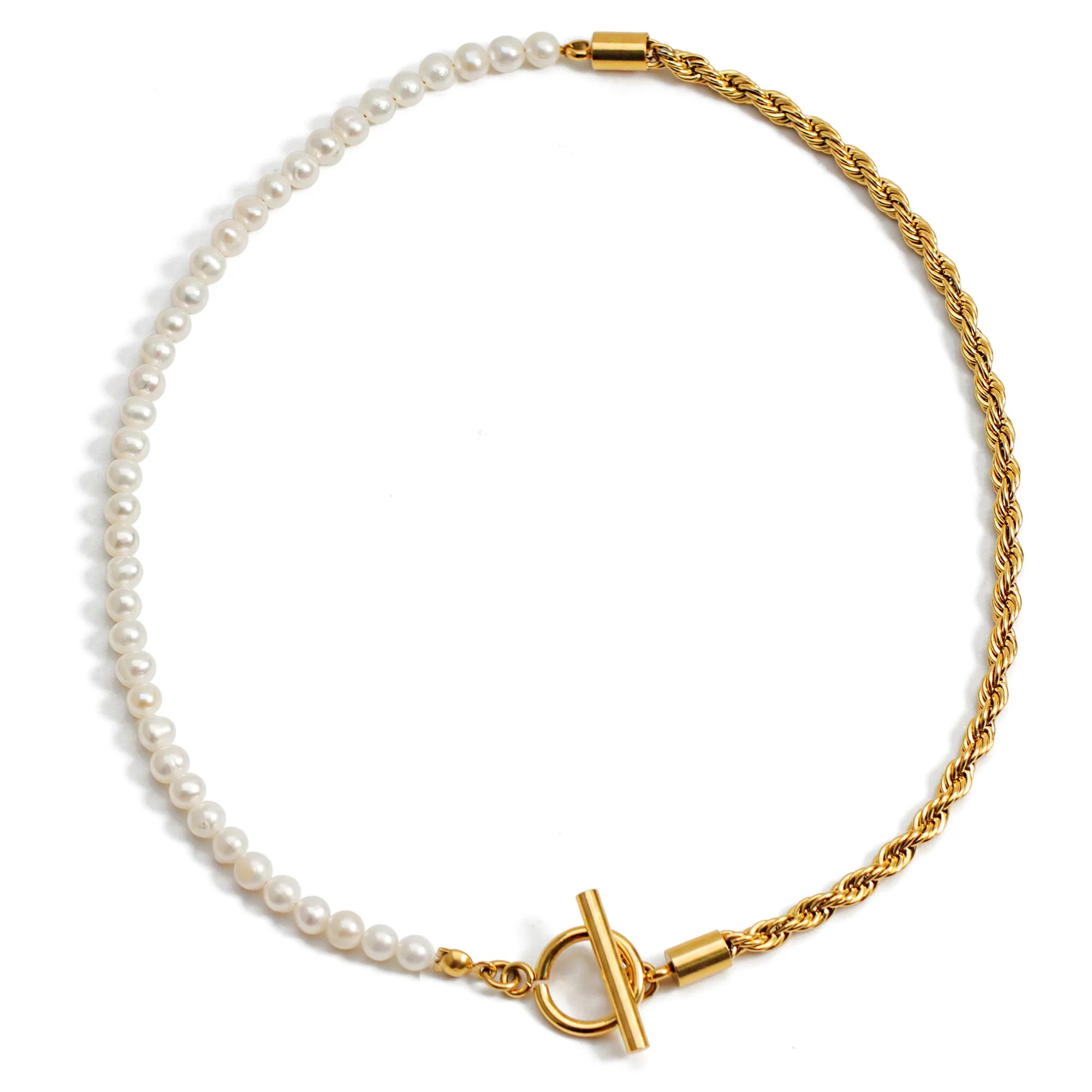 Waterproof PVD 18K Gold Plated 316 Stainless Steel Toggle Clasp Rope Chain 4mm Freshwater Pearl Wedding Gift Necklace for Women