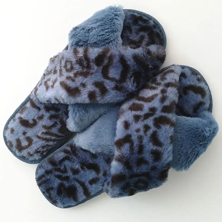 Fluffy Indoor for Slippers for Ladies Fashionable Light Weight Soft Faux Fur Leopard Print Cross Band Warm House Indoor MegaBDM