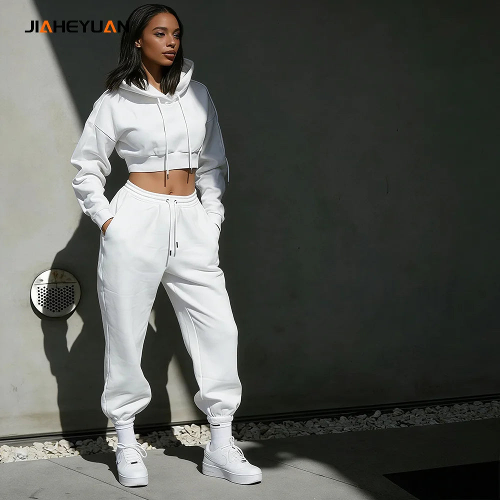 2026 Women Pullover Crop Top Hoodies Custom Cotton Sweatpants and Two Piece Hoodies Set Women Winter Fleece Tracksuits Set