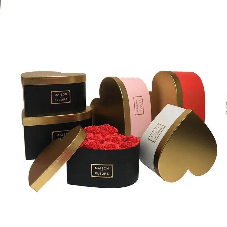 High-End 3-Piece Set Gold Cover Heart Box Rose & Flower Box with Matt and Glossy Lamination for Heart Gift Giving