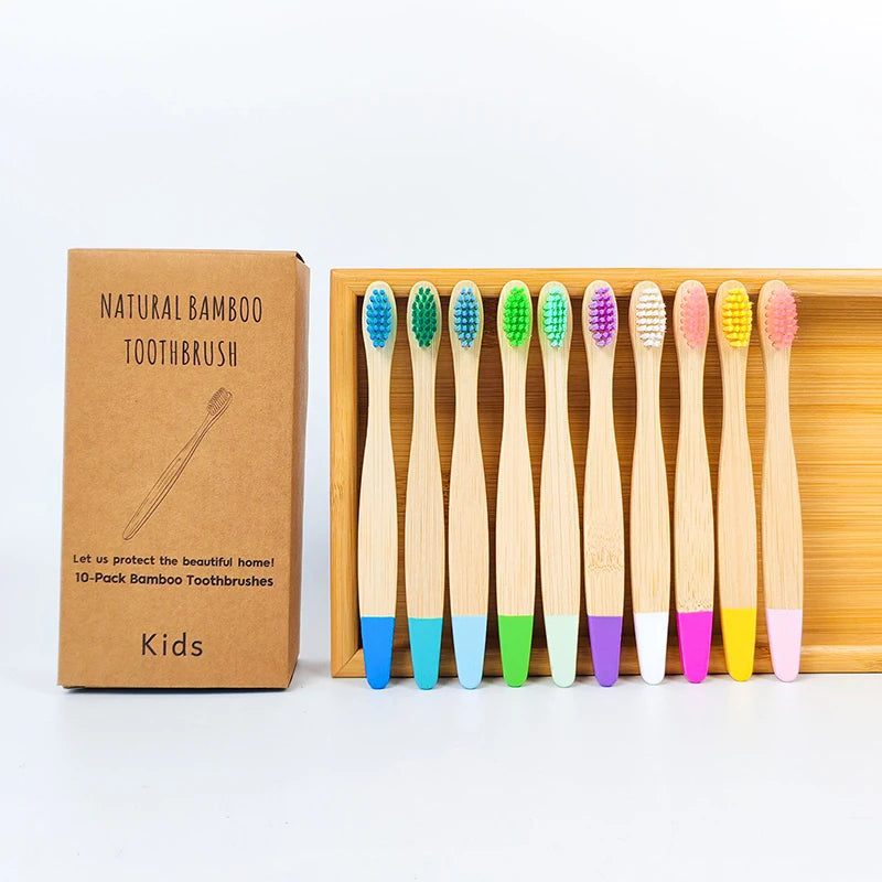 10pcs Children's Short Handle Toothbrush  Colorful Bamboo Material Cleaning Brushes