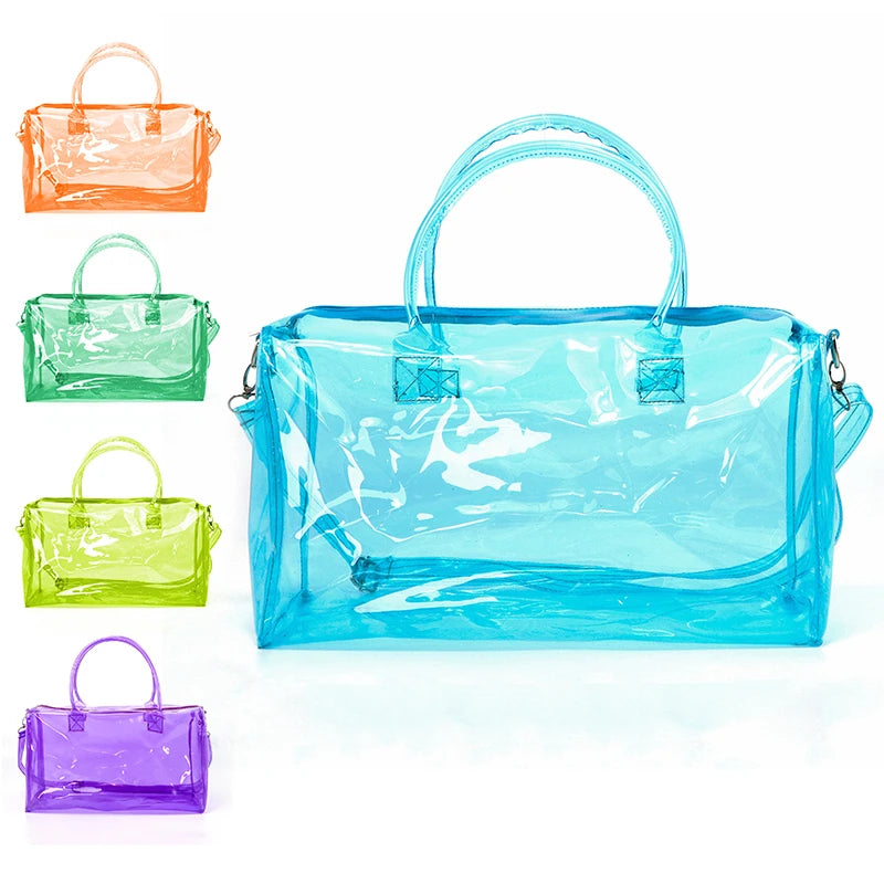 10 MOQ Fashion PVC Sports Duffle Bag Waterproof Jelly Gym Travel Bag with Custom Printed Logo Zipper Closure Type Letter Pattern