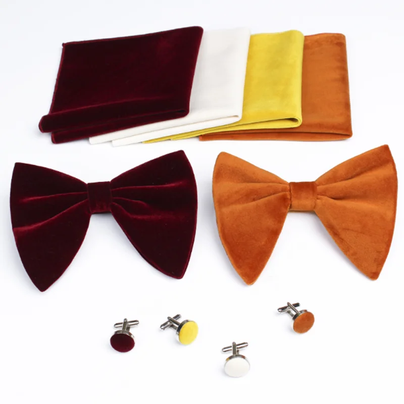 Gold Soft Velvet Plush Pleuche Butterfly Big Bow Tie Set With Pocket Square and Cufflinks for Men Women College Student Uniform