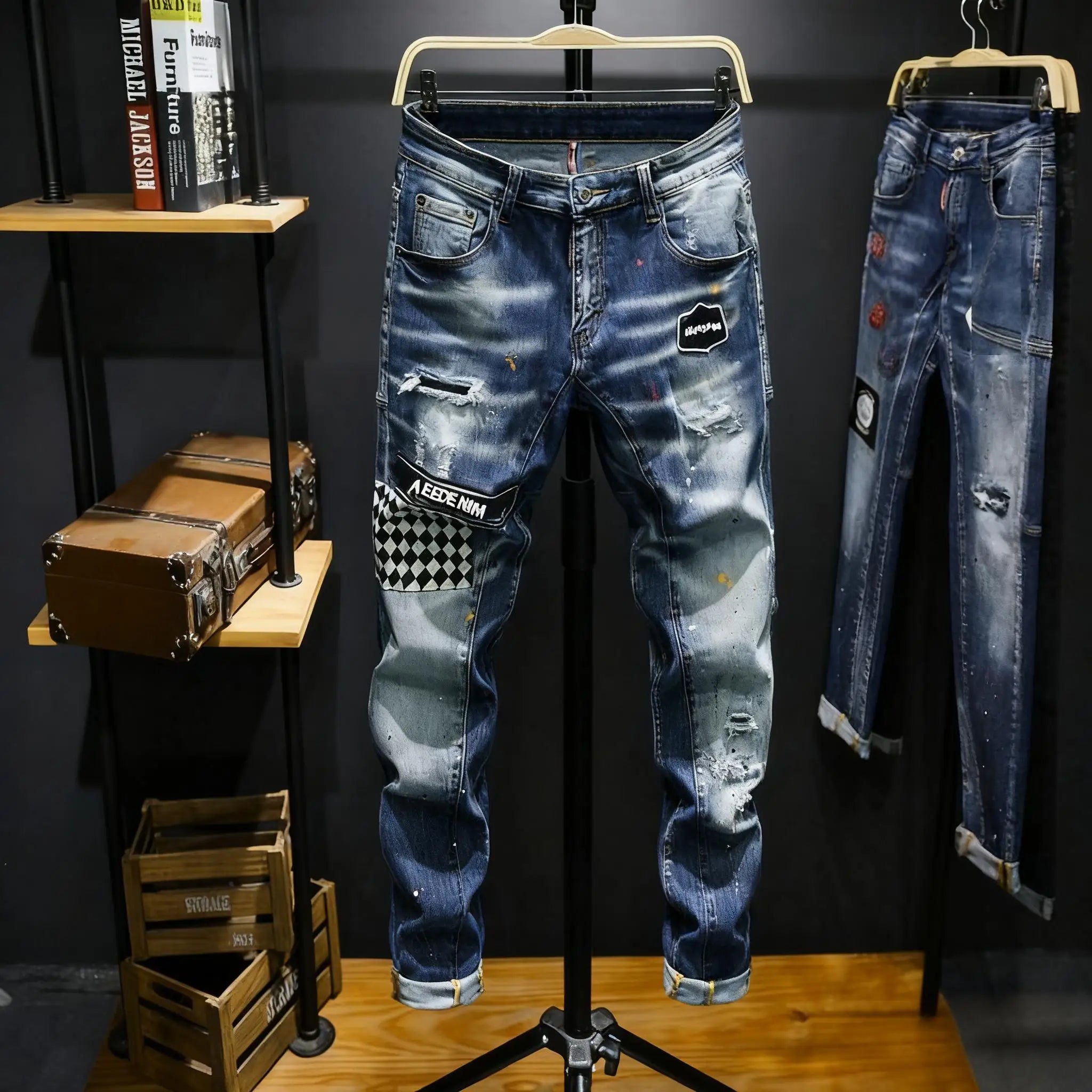 Wholesale OEM Logo Front Fashion Men's Straight Fit Eco-Friendly Breathable Foil Printed Denim Jeans Mid Waist Spandex Cotton