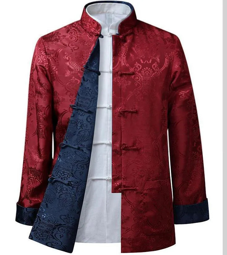 Ecowalson Reversible  Tang Suit Chinese Jacket Collar Traditional Chinese Clothing for Men Silk Kungfu Cheongsam Top Hanfu Men