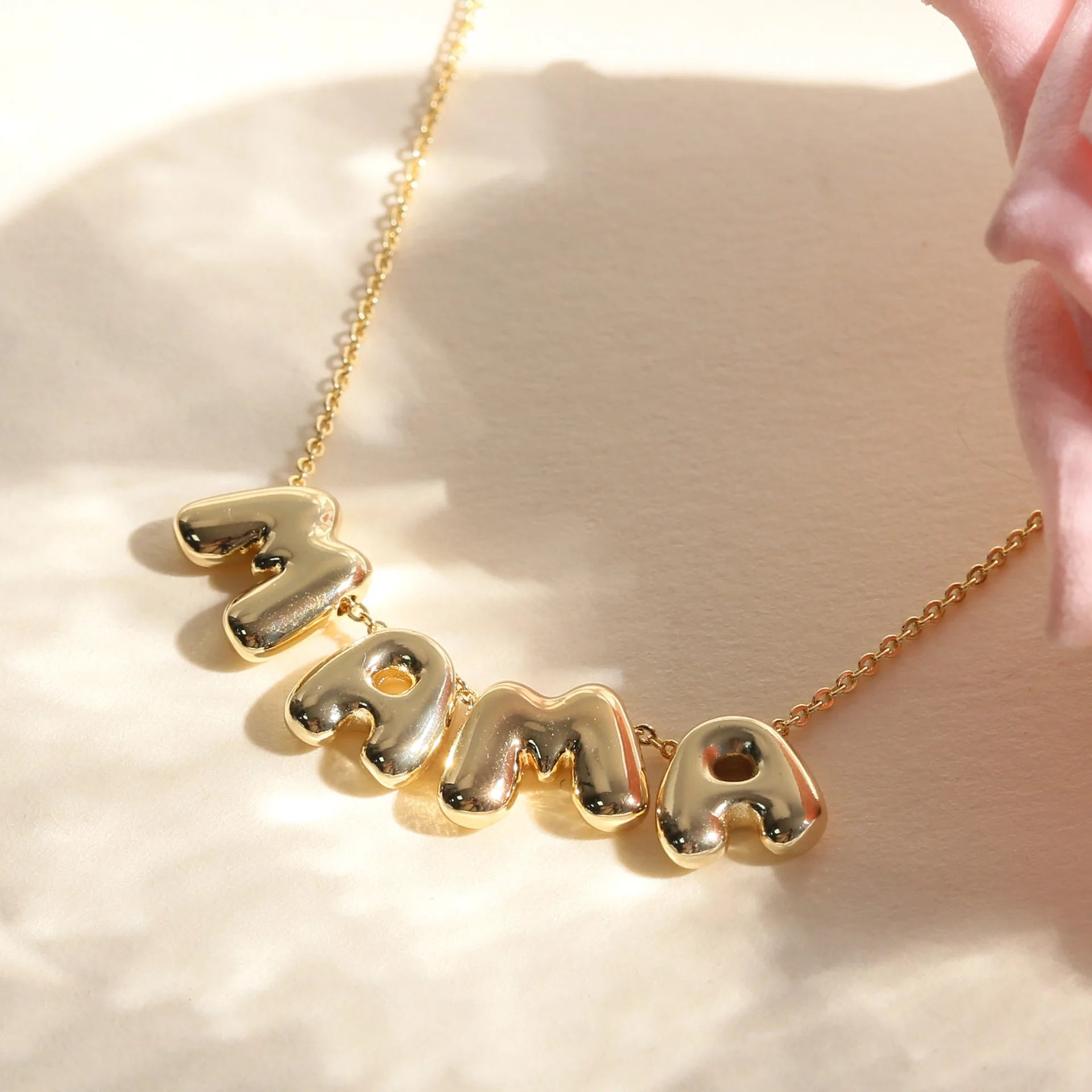 Bubble Smooth Gold Initial Letter LOVE MAMA MOM Necklace Mother's Day Pendant Collarbone Chain Necklace Jewelry for Women