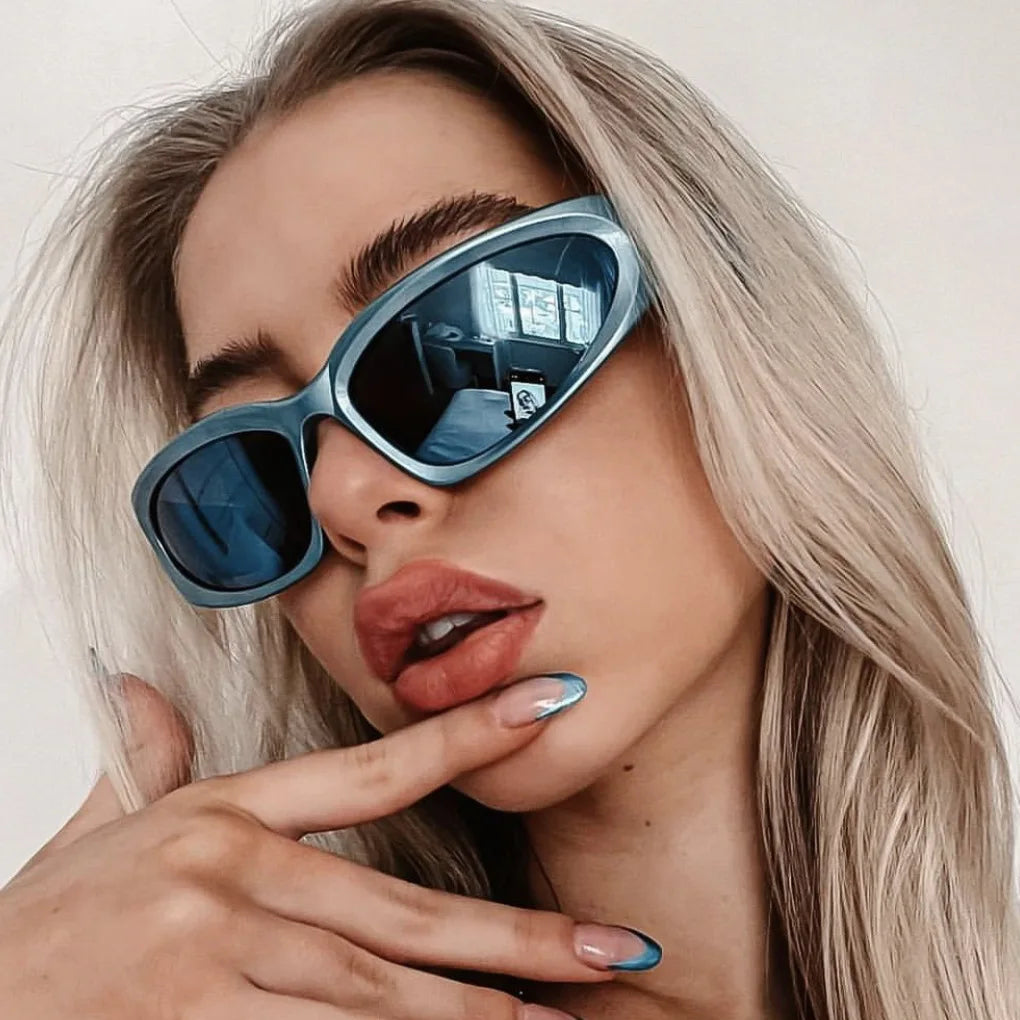 Y2K New Punk Sports Sunglasses for Men and Women Designer UV400 Goggle Eyewear with Blue Frame Vintage PC Shades (KSG129)