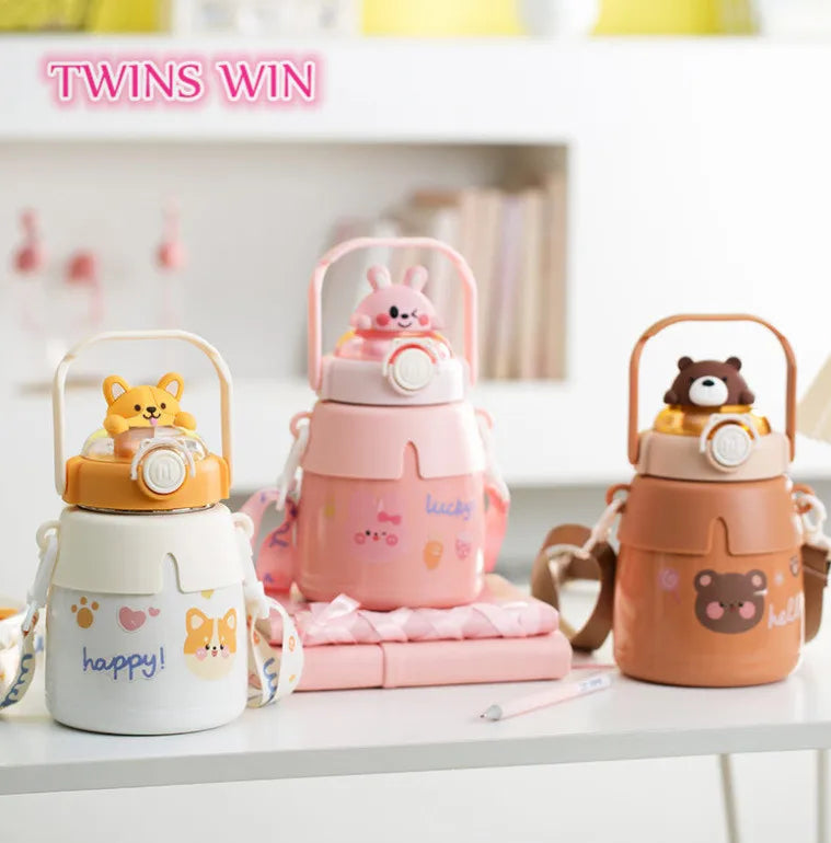 New Gift Children's Large Capacity Thermos Cup 304 Stainless Steel Pot Belly Mug with Straw